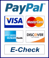 Paypal, Visa, Mastercard, American Express, Discover, E-Check